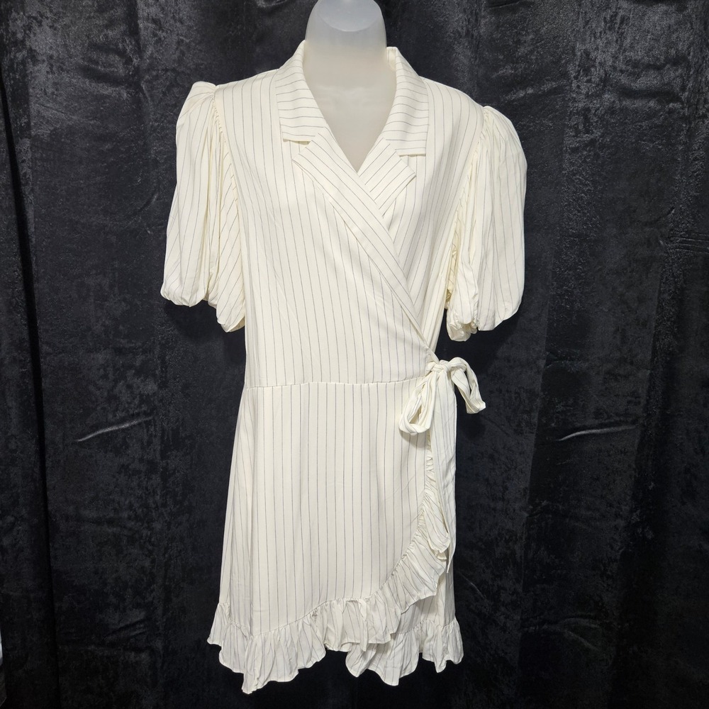 WeWoreWhat Puff Sleeve Wrap Dress XL Ivory Pinstripe Ruffle Mini Twee office